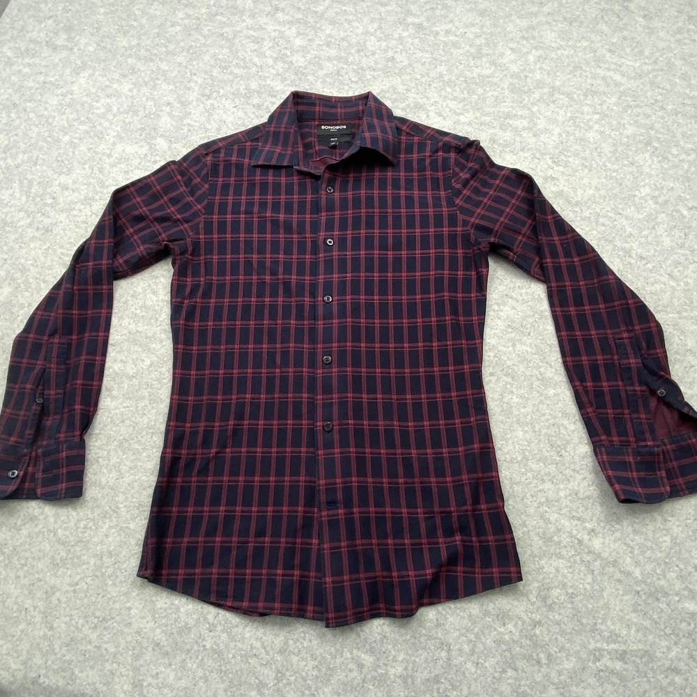 Bonobos Shirt Mens Small Blue Red Plaid Stretch Slim Fit Long Sleeve Button Up